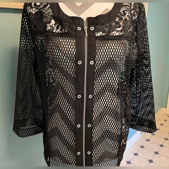 Multoples Black mesh zippered light weight jacket or cover up - Picture 2 of 5